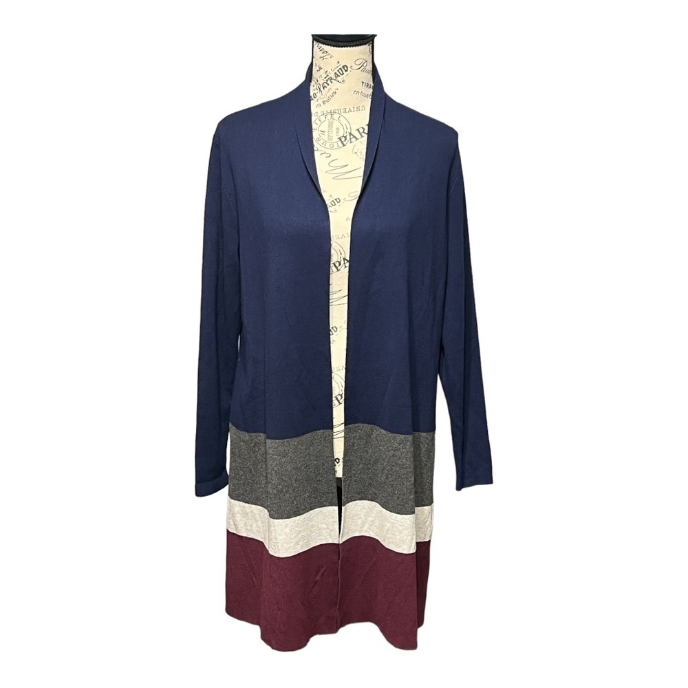 Belle by Kim Gravel ColorBlock Cardigan Open Front Indigo Burgundy Gray White XS